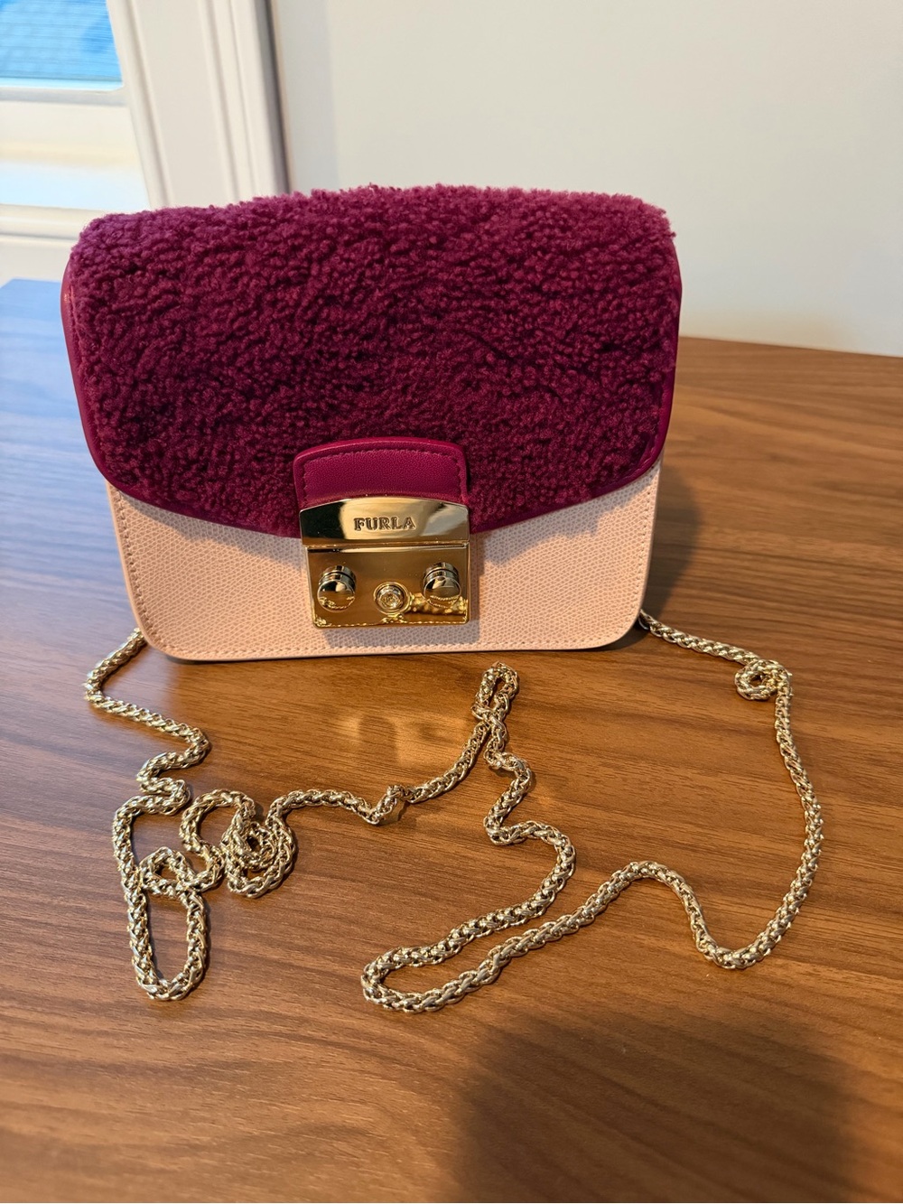 Furla Burgundy Shearling & Light Pink Crossbody with Gold Chain